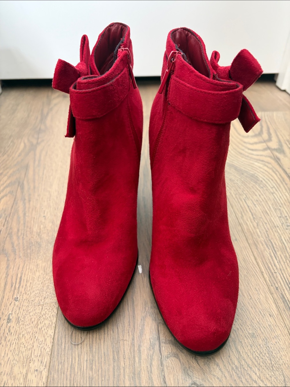 Impo Red Suede Ankle Booties with Bow Accent